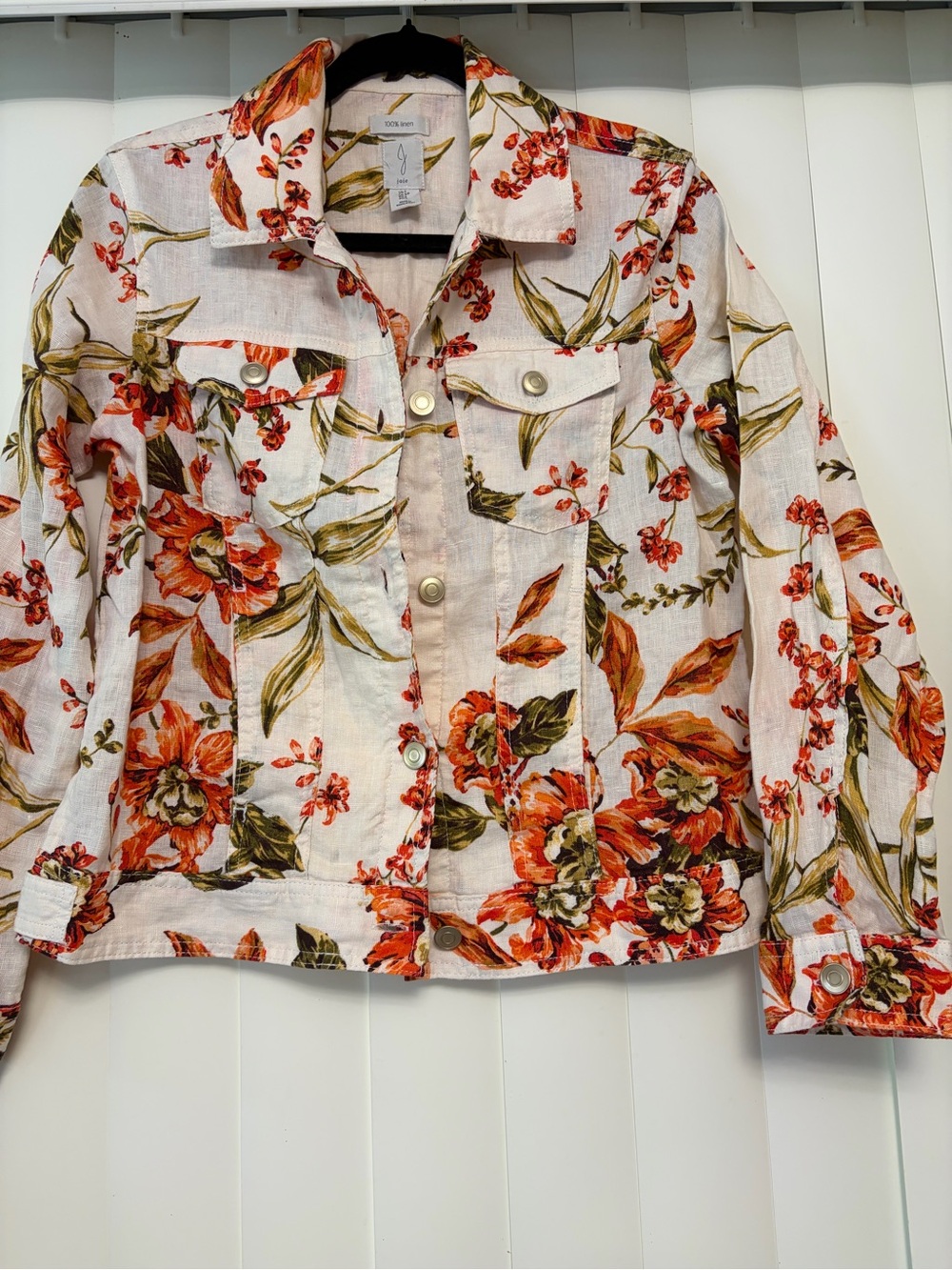 Joie Floral Jean Jacket - White, Orange & Green 100% linen